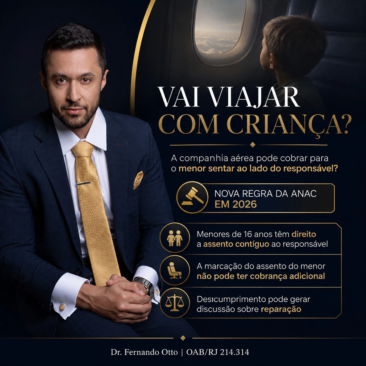 Dr. Fernando Otto em conteúdo jurídico sobre assentos de crianças e adolescentes em viagens aéreas.